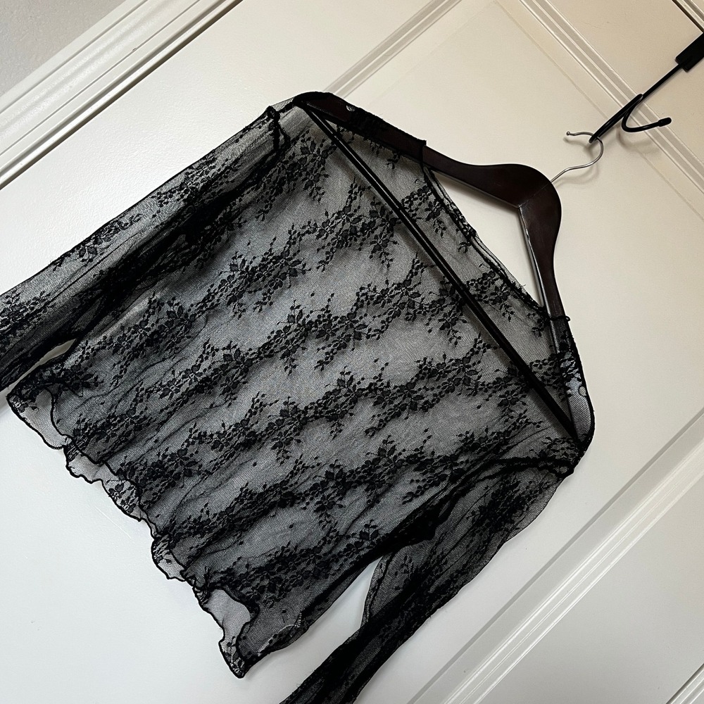 Women's Black Floral Lace Sheer Long Sleeve Crop Top XL